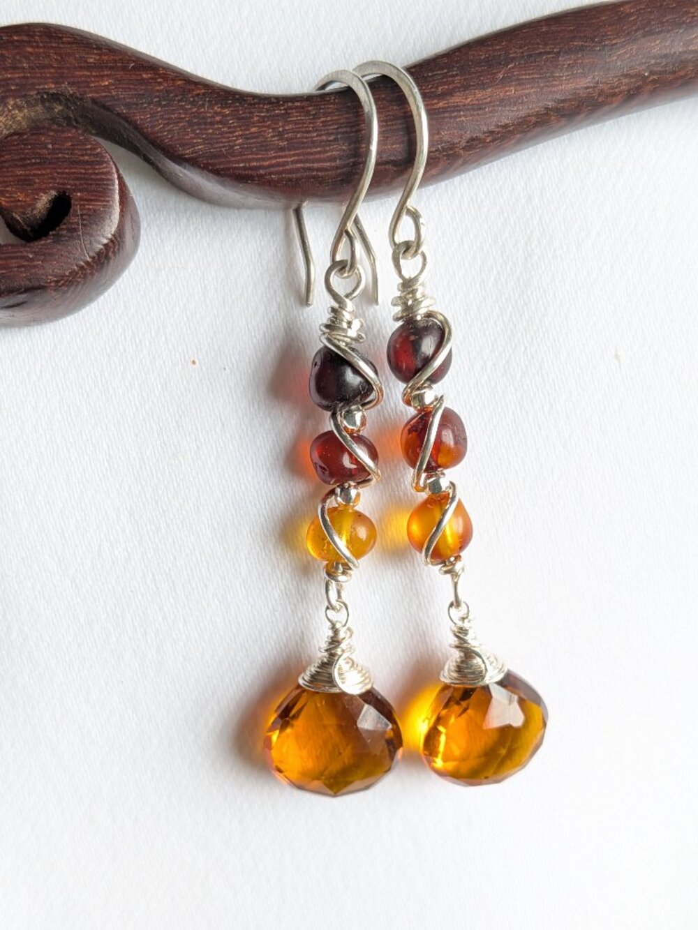 Baltic Amber Earrings with Madeira Citrine Quartz Briolettes in Sterling Silver